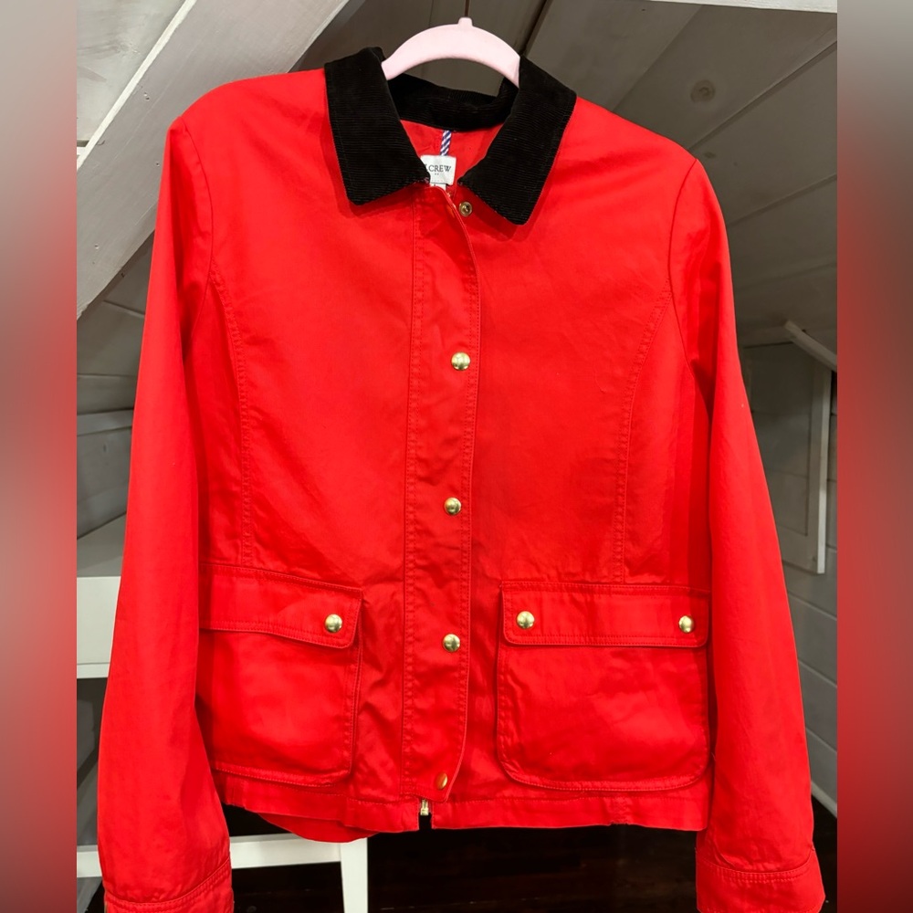 JCrew Utility Jacket in beautiful red, black corduroy collar with blue stripe